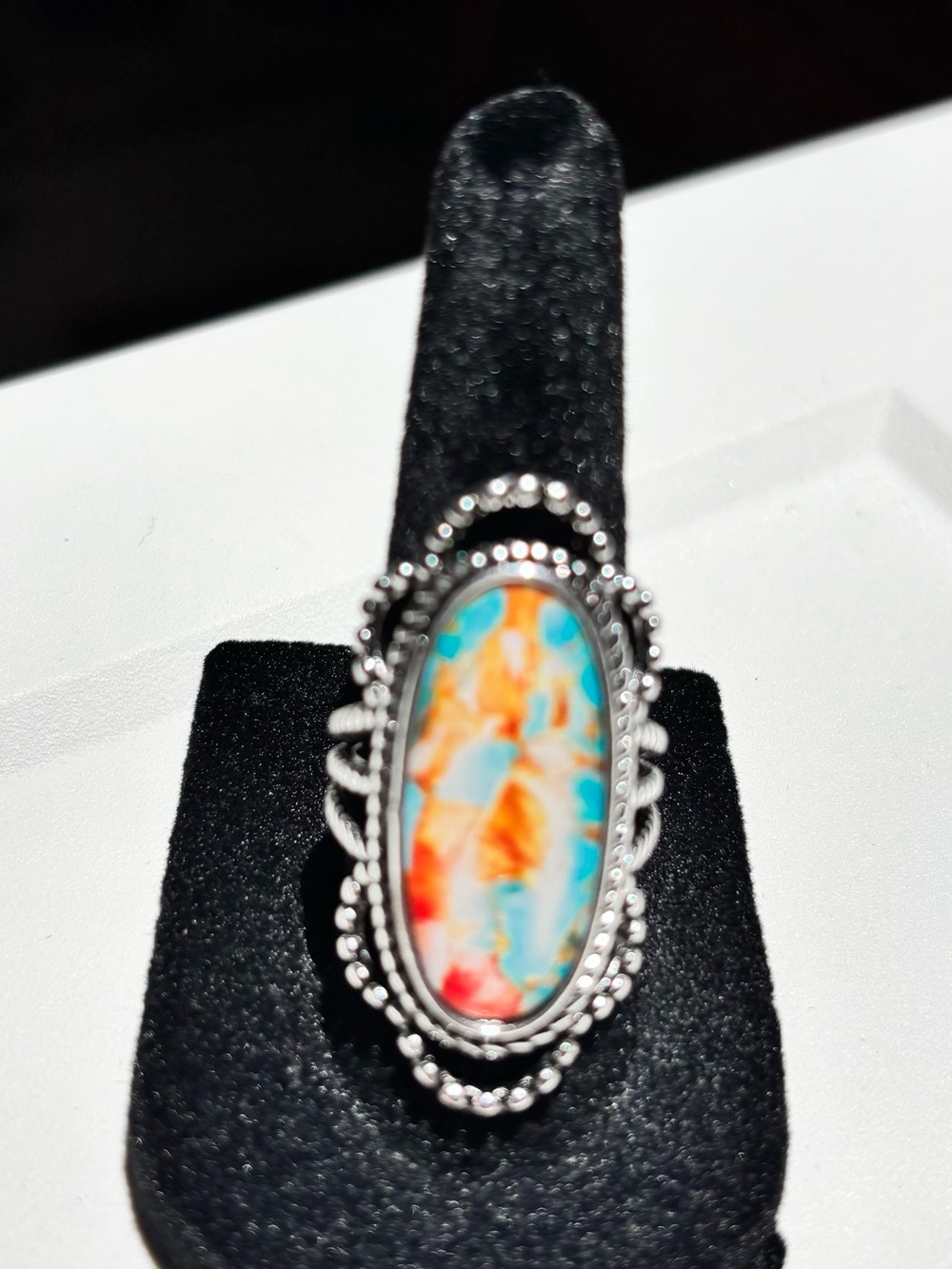 Multicolor Oval Inlay Statement Ring - Women’s Silver Tone Jewelry Size 7